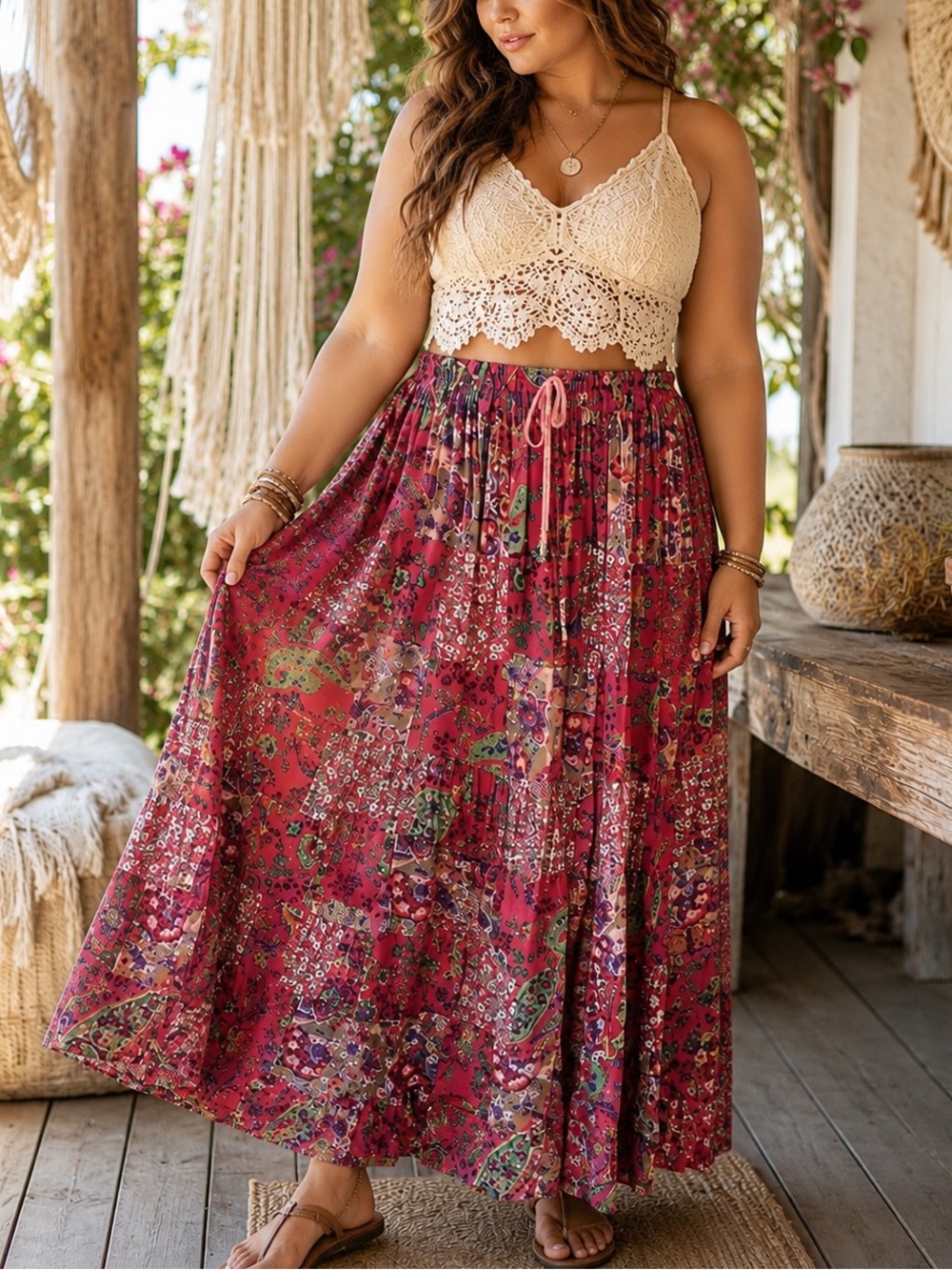 vintage Jackpot brand patchwork tiered maxi skirt colorful pink bohemian design